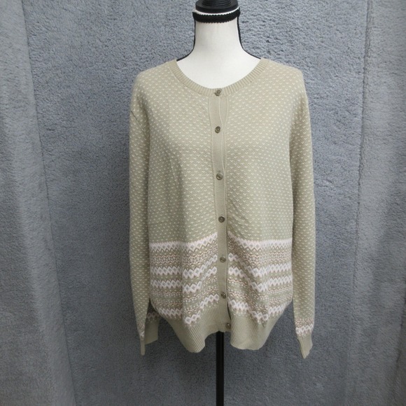 Izod Sweaters - IZOD Cardigan Sweater Women XL Beige Pink Fair Isle Nordic Preppy Winter Lodge
